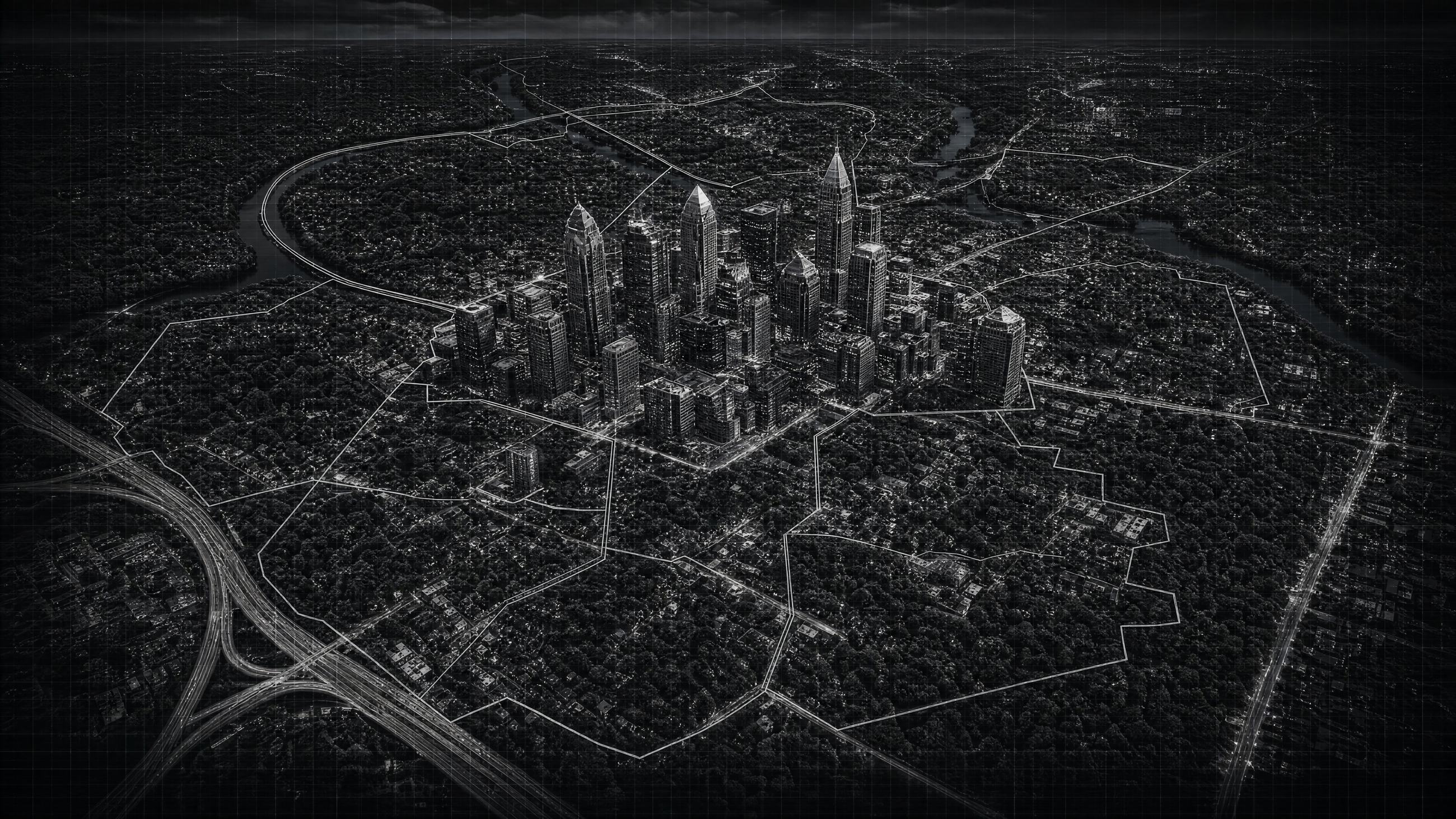 Aerial map of Charlotte with district boundaries