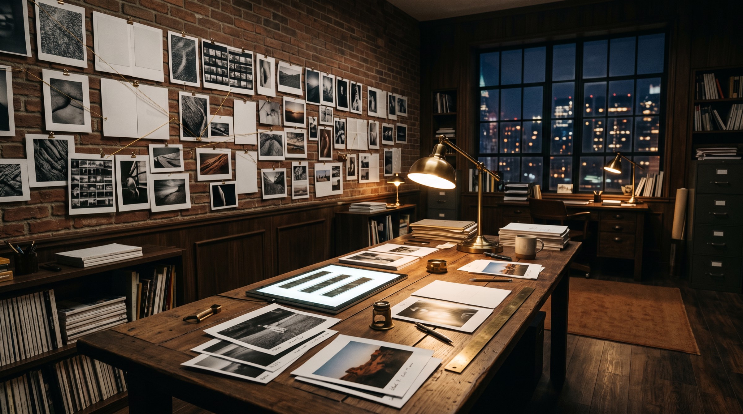 The studio wall, client work pinned and threaded
