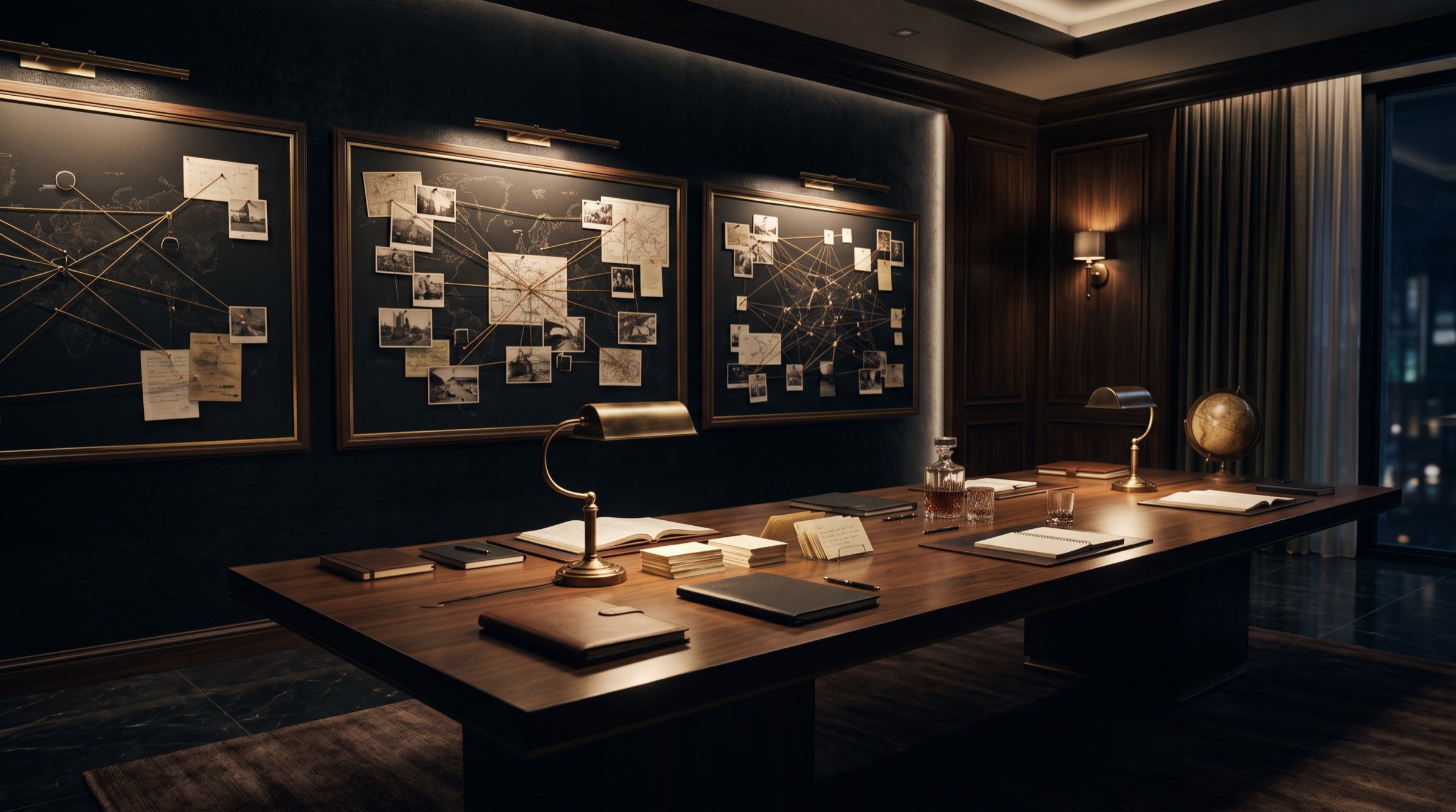 A private intelligence room in dark wood and brass