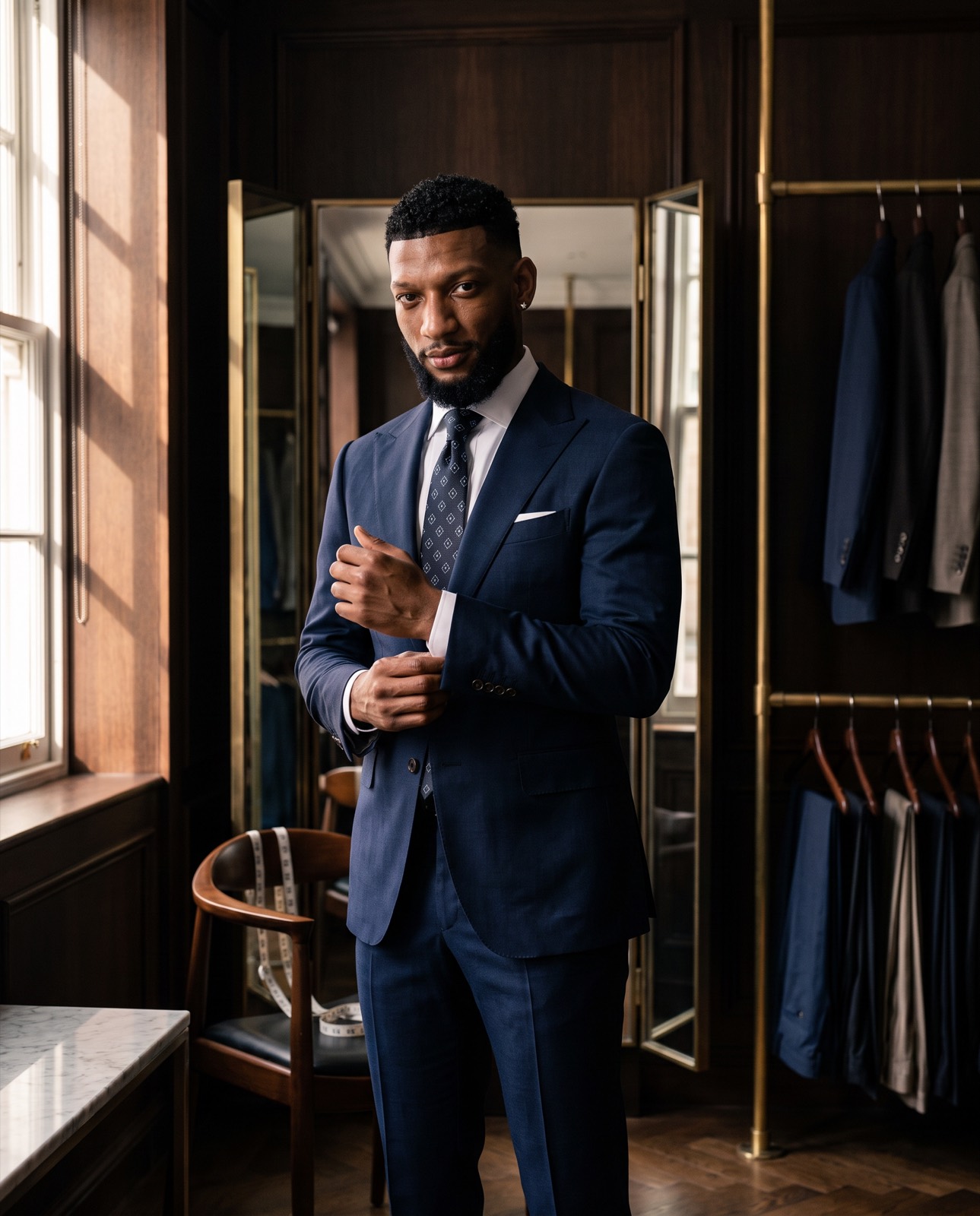 Paris Pullen adjusting his cuff at a fitting mirror