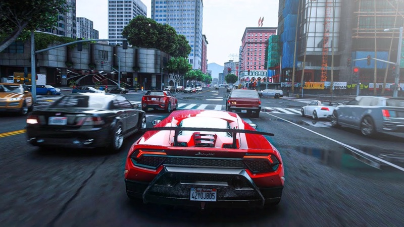 A still from the official Grand Theft Auto VI trailer showing a car chase through a city street