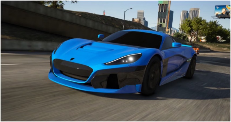 A still from the official Grand Theft Auto VI trailer showing a sports car on a highway