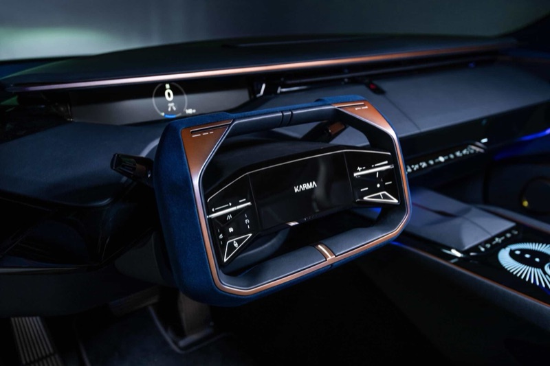 Close-up of the Karma Kaveya's superellipse steering yoke and instrument display
