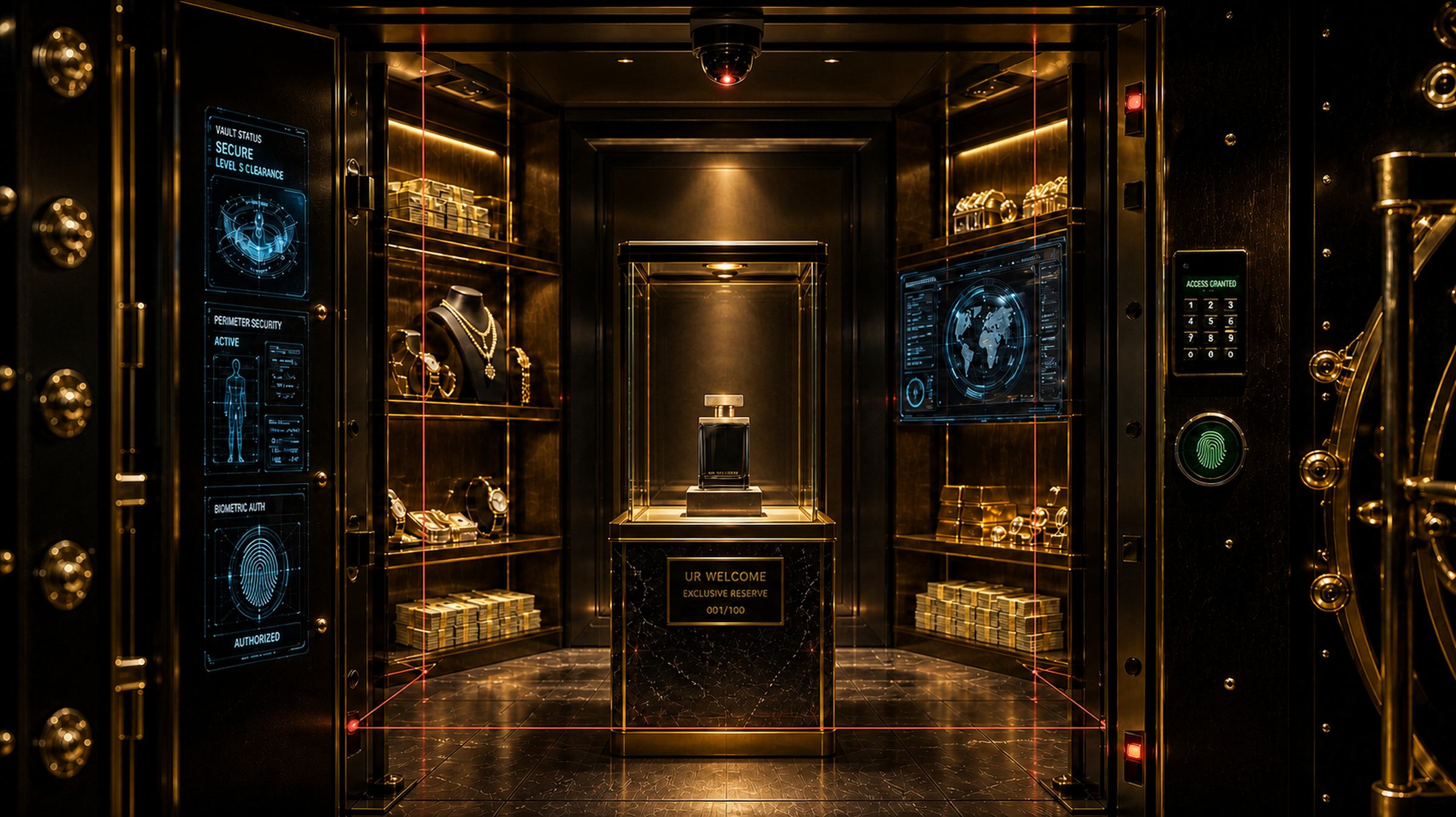 The UR Welcome reserve bottle under glass inside the vault